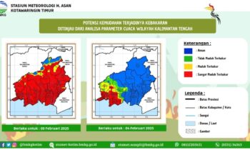 Peta kemudahan terjadi kebakaran hutan dan lahan di Kalimantan Tengah menunjukkan status sangat mudah terbakar.