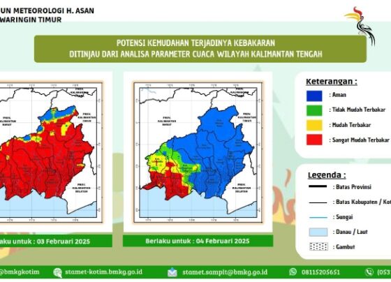 Peta kemudahan terjadi kebakaran hutan dan lahan di Kalimantan Tengah menunjukkan status sangat mudah terbakar.