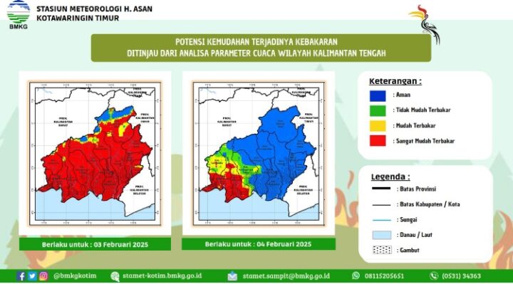 Peta kemudahan terjadi kebakaran hutan dan lahan di Kalimantan Tengah menunjukkan status sangat mudah terbakar.