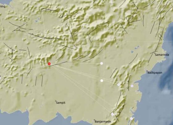 Pusat gempa yang terjadi di Kabupaten Katingan, Provinsi Kalimantan Tengah, Senin, 28 April 2025.