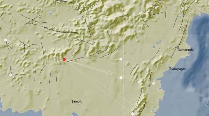 Pusat gempa yang terjadi di Kabupaten Katingan, Provinsi Kalimantan Tengah, Senin, 28 April 2025.