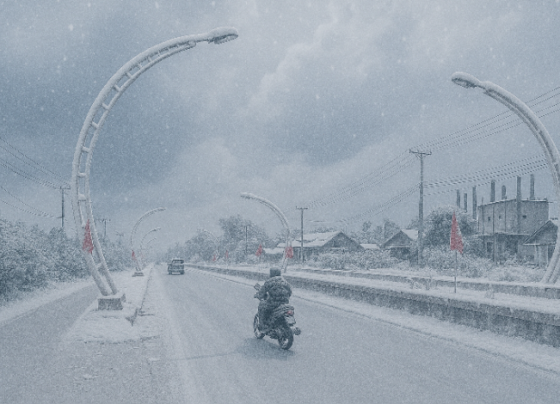 Suatu tempat mirip kawasan Terowongan Nur Mentaya dilanda musim dingin bersalju yang dibuat dengan kecerdasan buatan dan viral di media sosial.
