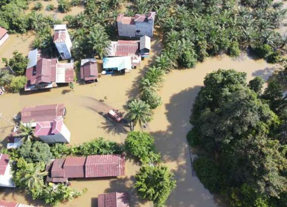 Banjir di Desa Tumbang Mujam, Kecamatan Tualan Hulu, Kabupaten Kotawaringin Timur tampak dari udara, Kamis, 8 Mei 2025