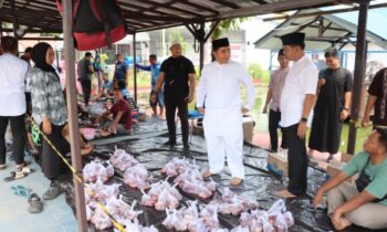 Kapores Kotim AKBP Resky Maulana Zulkarnain saat pendistribusian daging kurban untuk masyarakat.