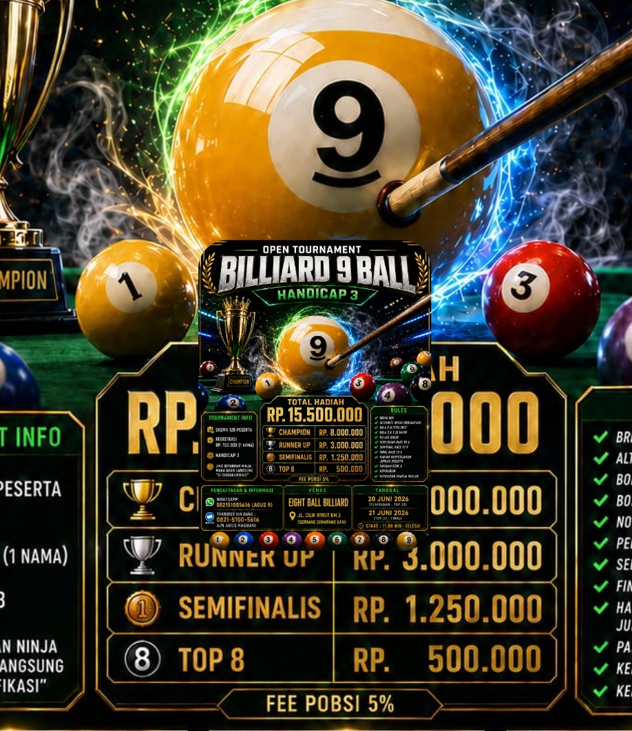 Open Tournament Billiard 9 Ball Handicap 3 Siap Digelar, Perebutkan Hadiah Rp15,5 Juta